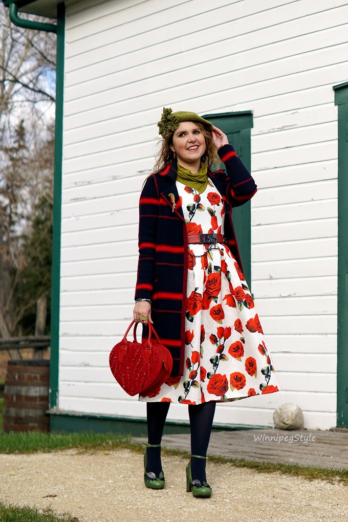 Winnipeg Style, style consultant, personal shopper, Chicwish rose print dress, Chie Mihara eye lash Geraldine green leather shoes, Mary Frances red heart bag, Chicwish navy red grid sweater coat, Kate Spade race car bangle